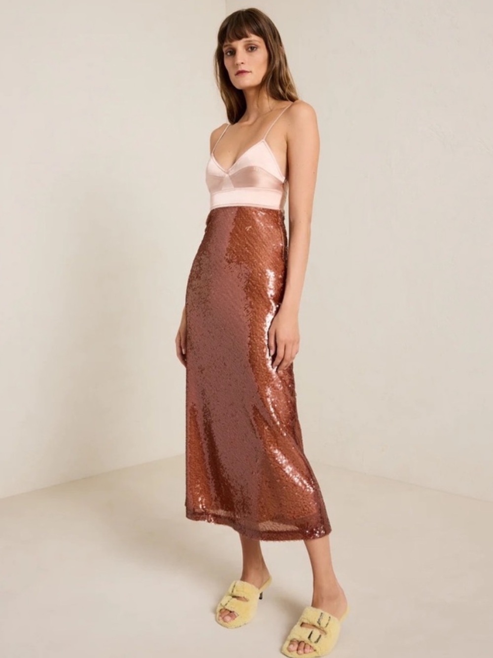 NWT A.L.C. Gisele Sequined Dress Bronze Champagne Midi Cocktail Size 4